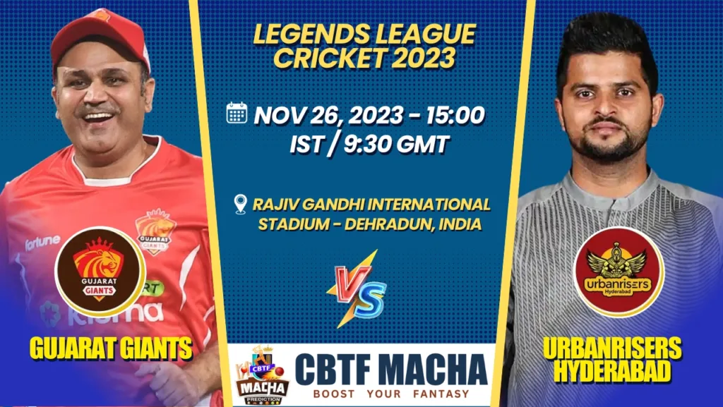 Gujarat Giants vs Urbanrisers Hyderabad T20 Today Match Prediction & Live Odds - Legends League Cricket 2023