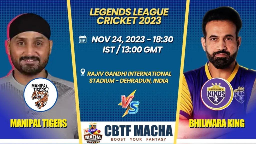 Manipal Tigers vs Bhilwara Kings T20 Today Match Prediction & Live Odds - Legends League Cricket 2023