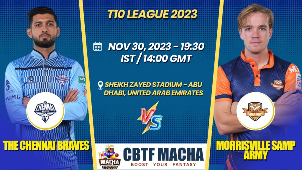 The Chennai Braves vs Morrisville Samp Army Today Match Prediction & Live Odds - T10 League 2023