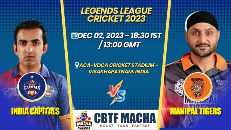 India Capitals vs Manipal Tigers T20 Today Match Prediction & Live Odds - Legends League Cricket 2023